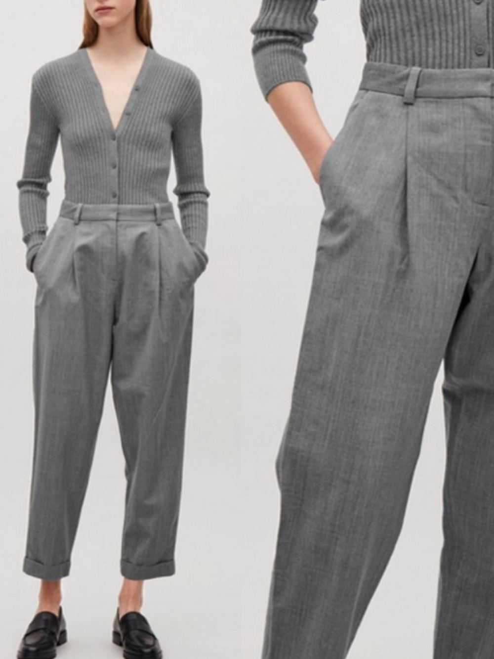 COS Wool Blend Trousers Gray Pleated High Waist Cropped Turn Up Hem 6 36